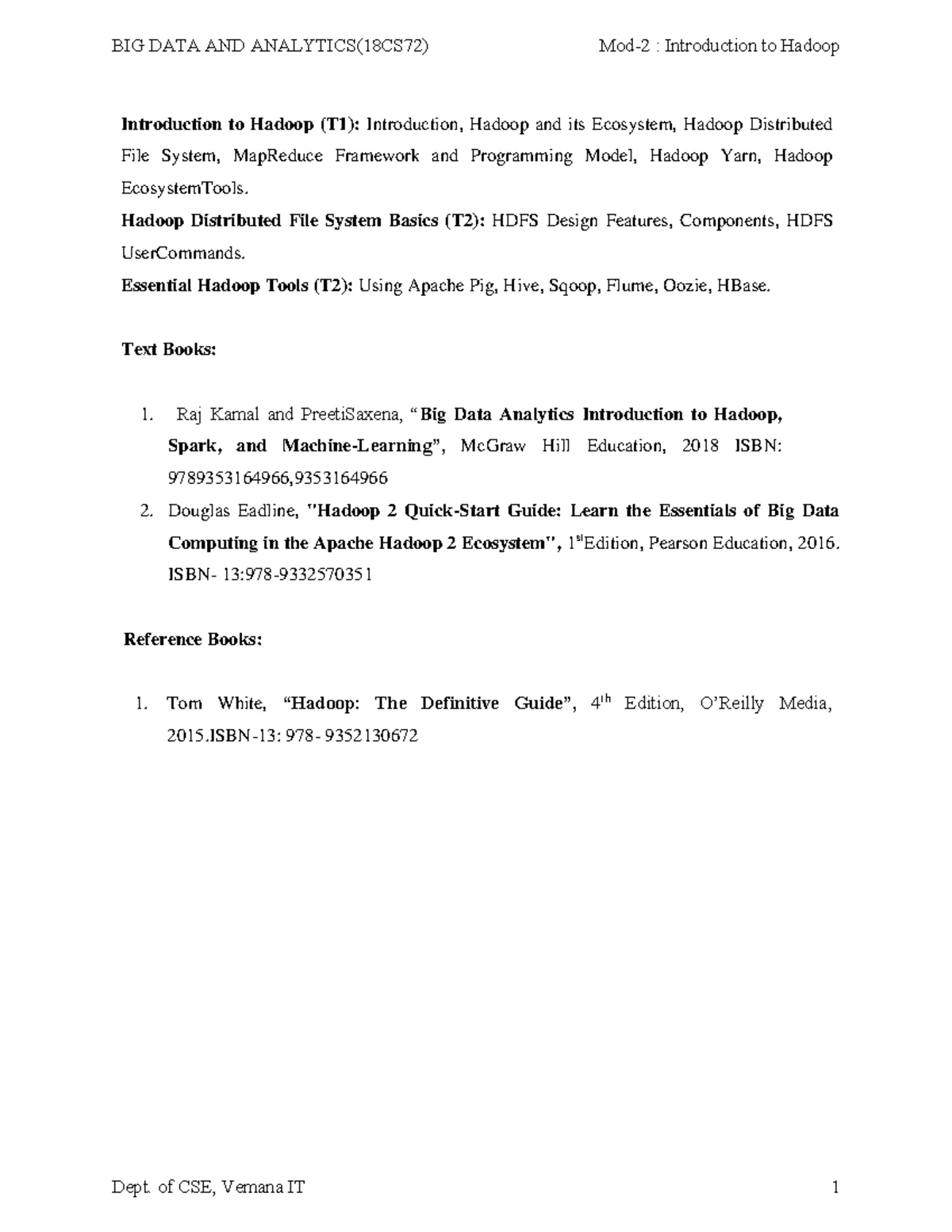Notes 4free-big-data - Big Data Analytics( 15CS82) Module I MODULEl ...