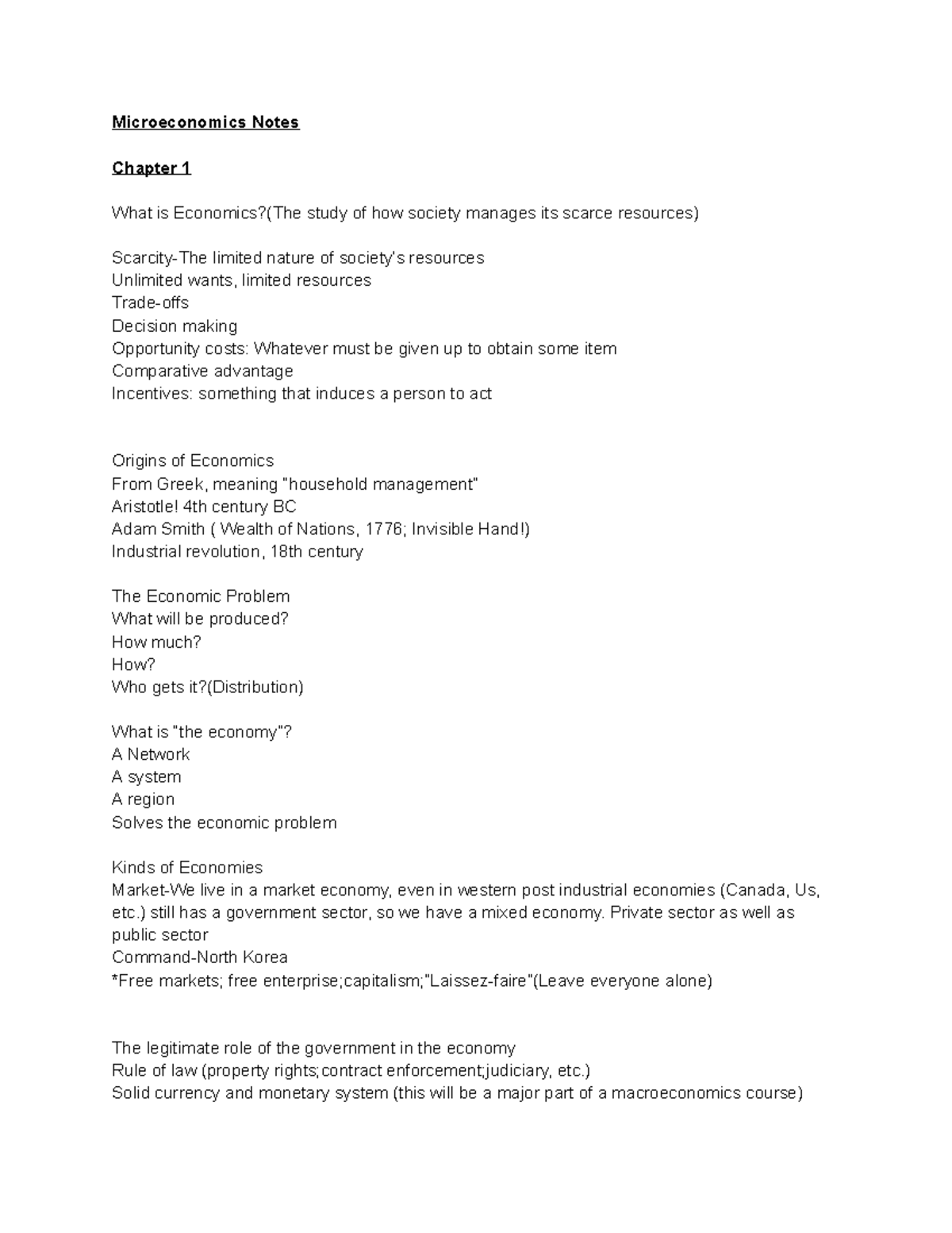Microeconomics Notes - Microeconomics Notes Chapter 1 What is Economics ...