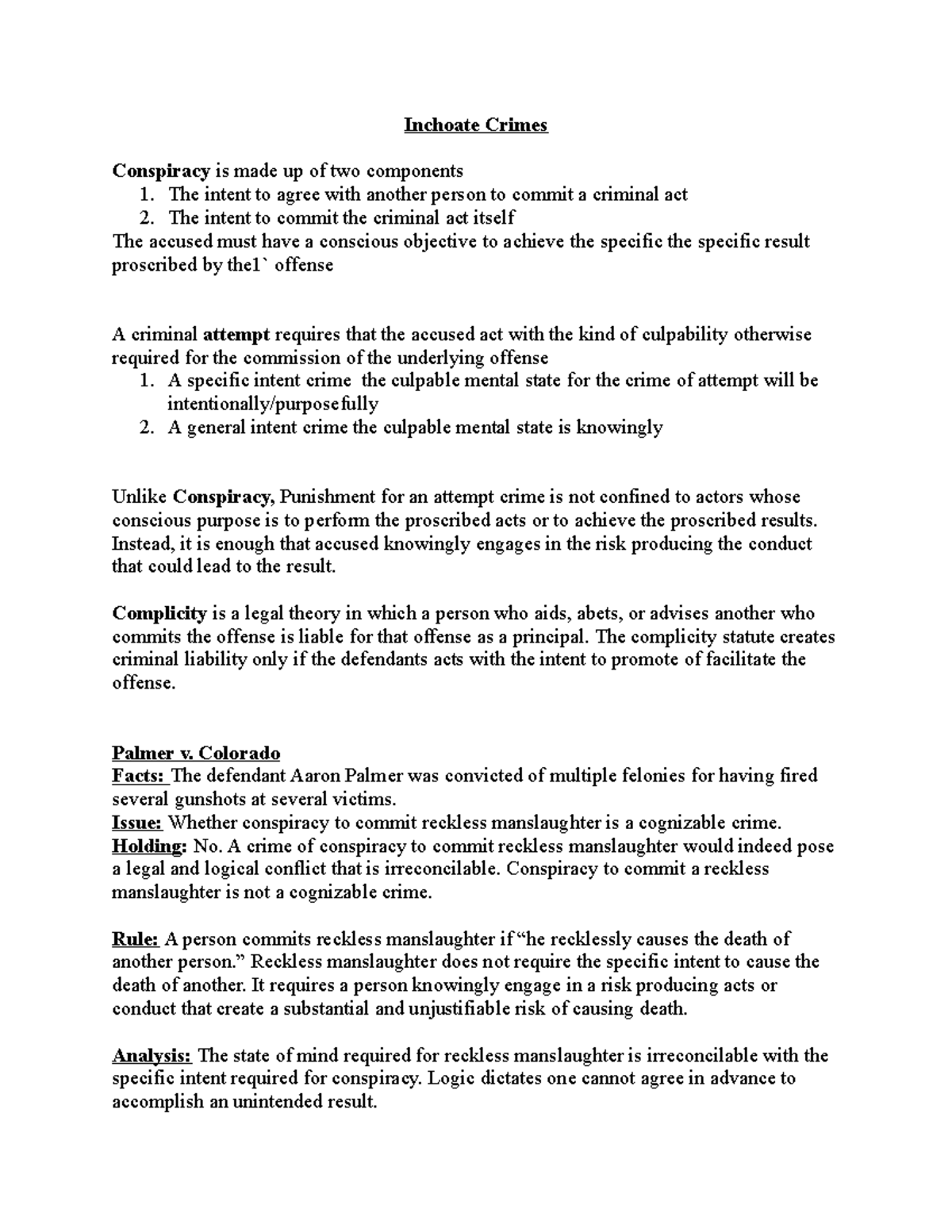 Inchoate Crimes - Inchoate Crimes Conspiracy is made up of two ...
