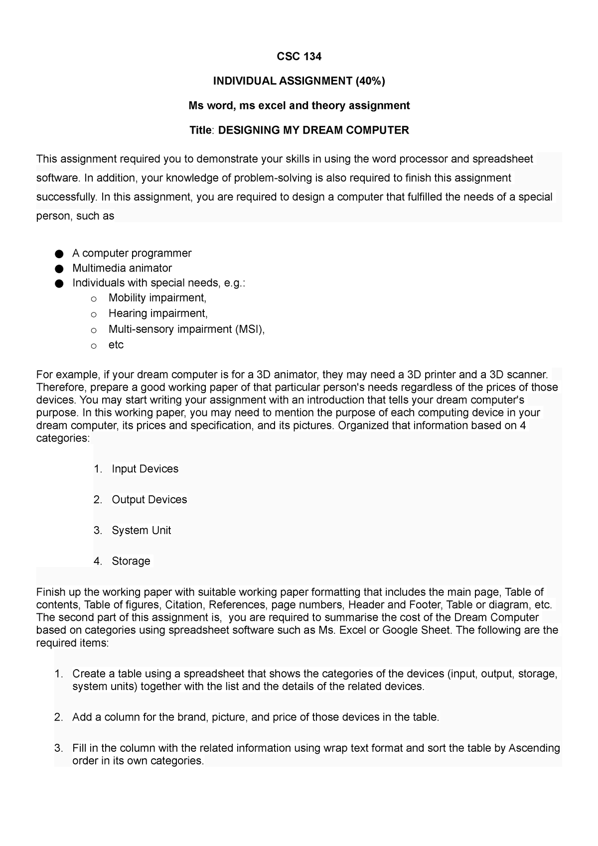 csc134 individual assignment excel