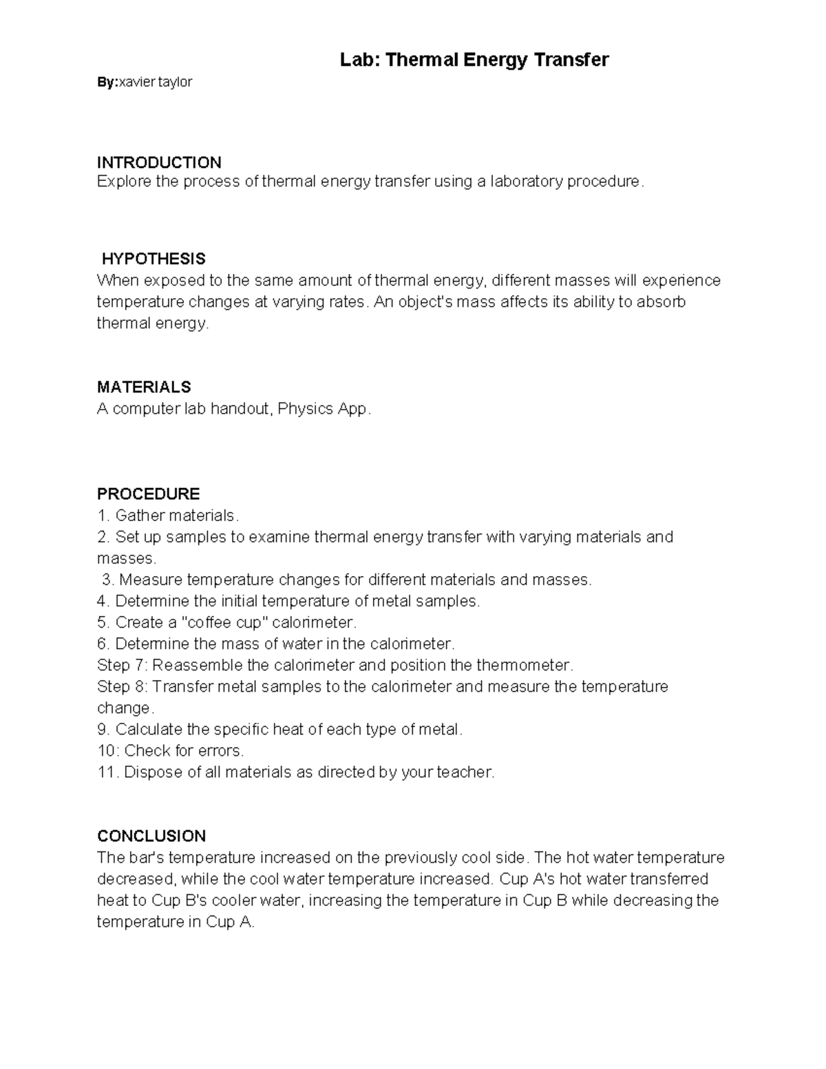 Lab Thermal Energy Transfer Lab Thermal Energy Transfer Byxavier