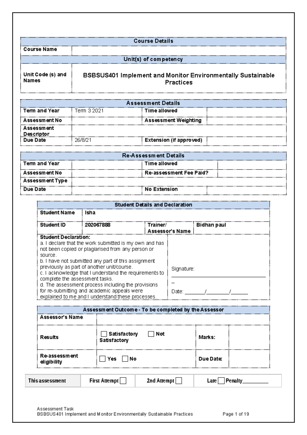 Bsbsus 401 Performance-1 - Course Details Course Name Unit(s) of ...