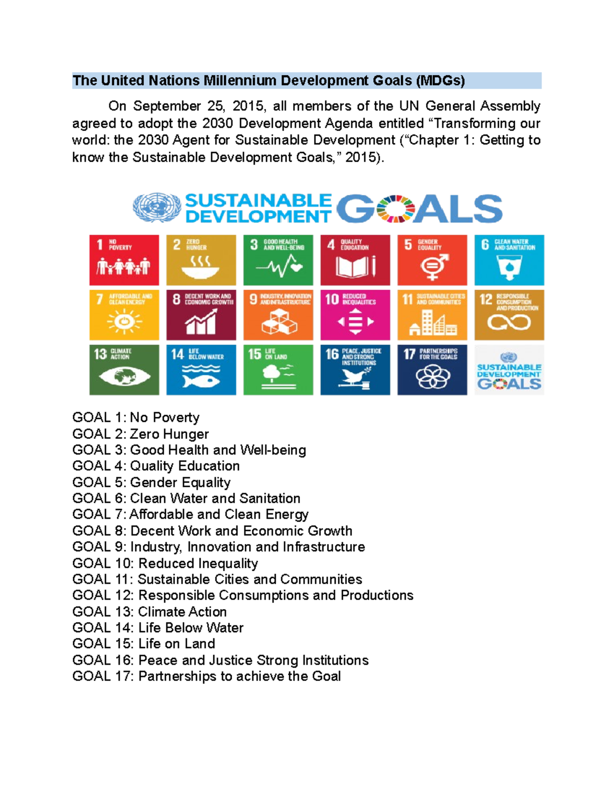The United Nations Millennium Development Goals GOAL 1 No Poverty