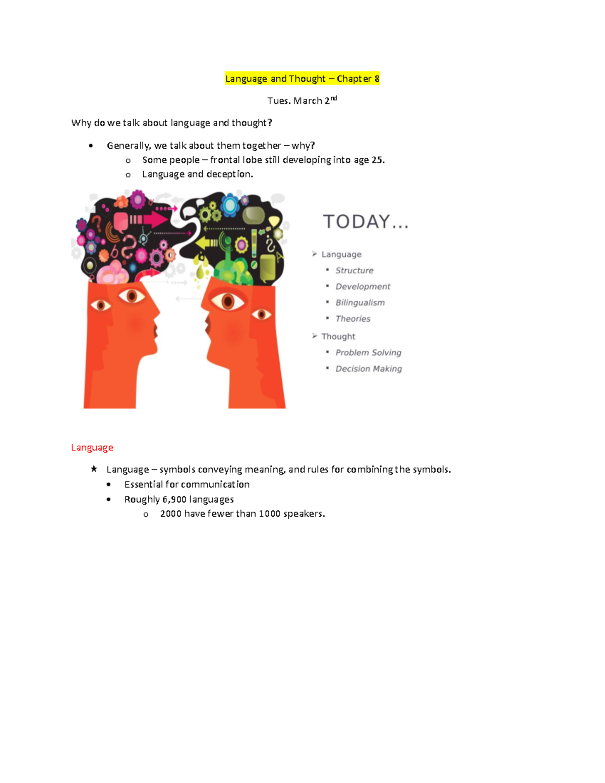 Intro Psych - Lecture 11 - Language and Thought – Chapter 8 Tues. March ...