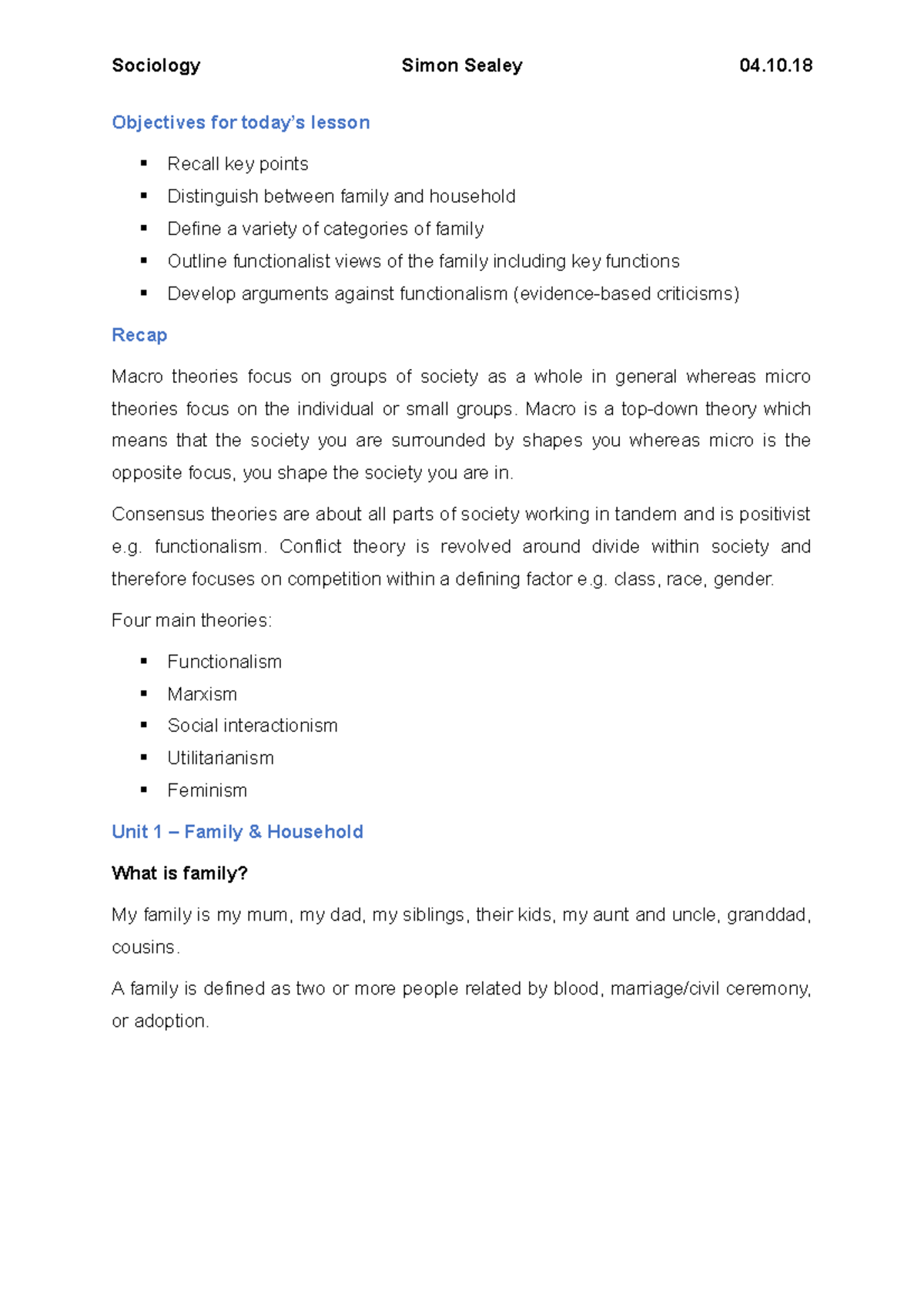18-10-04 - Family and Household Introduction - Objectives for today’s ...