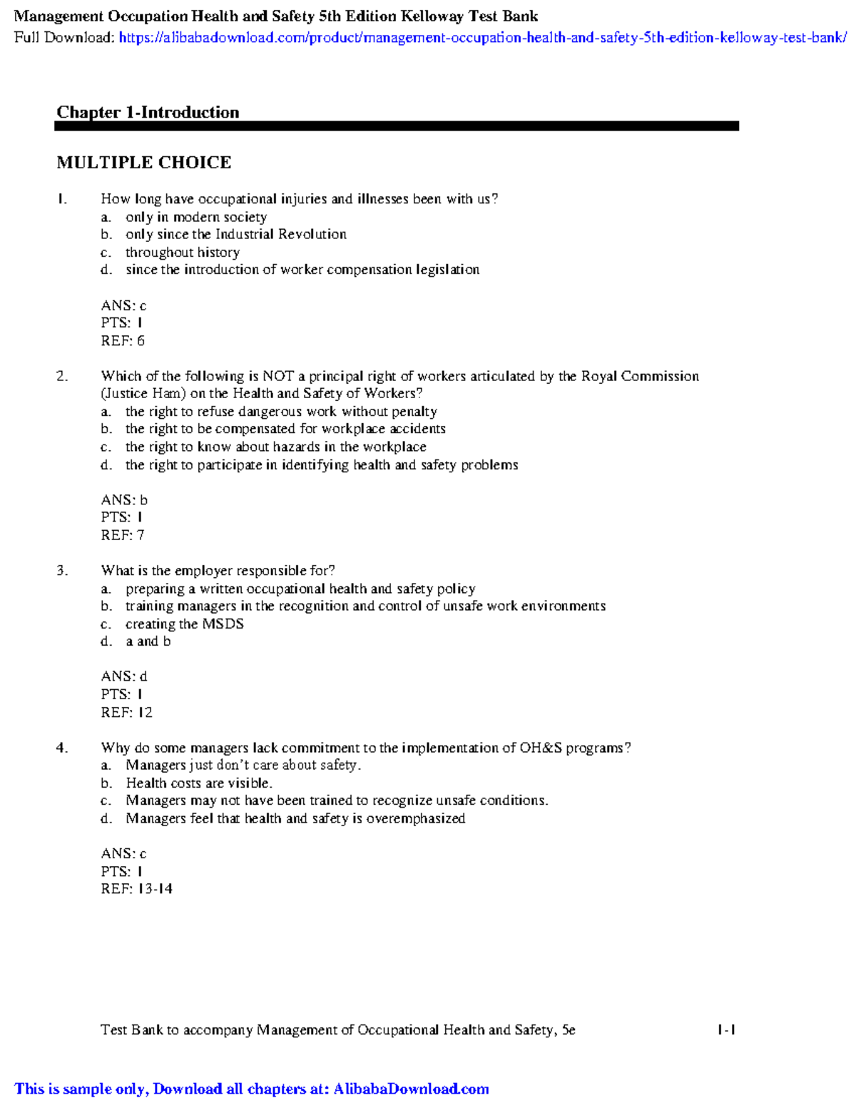 Management occupation health and safety 5th edition kelloway test bank ...