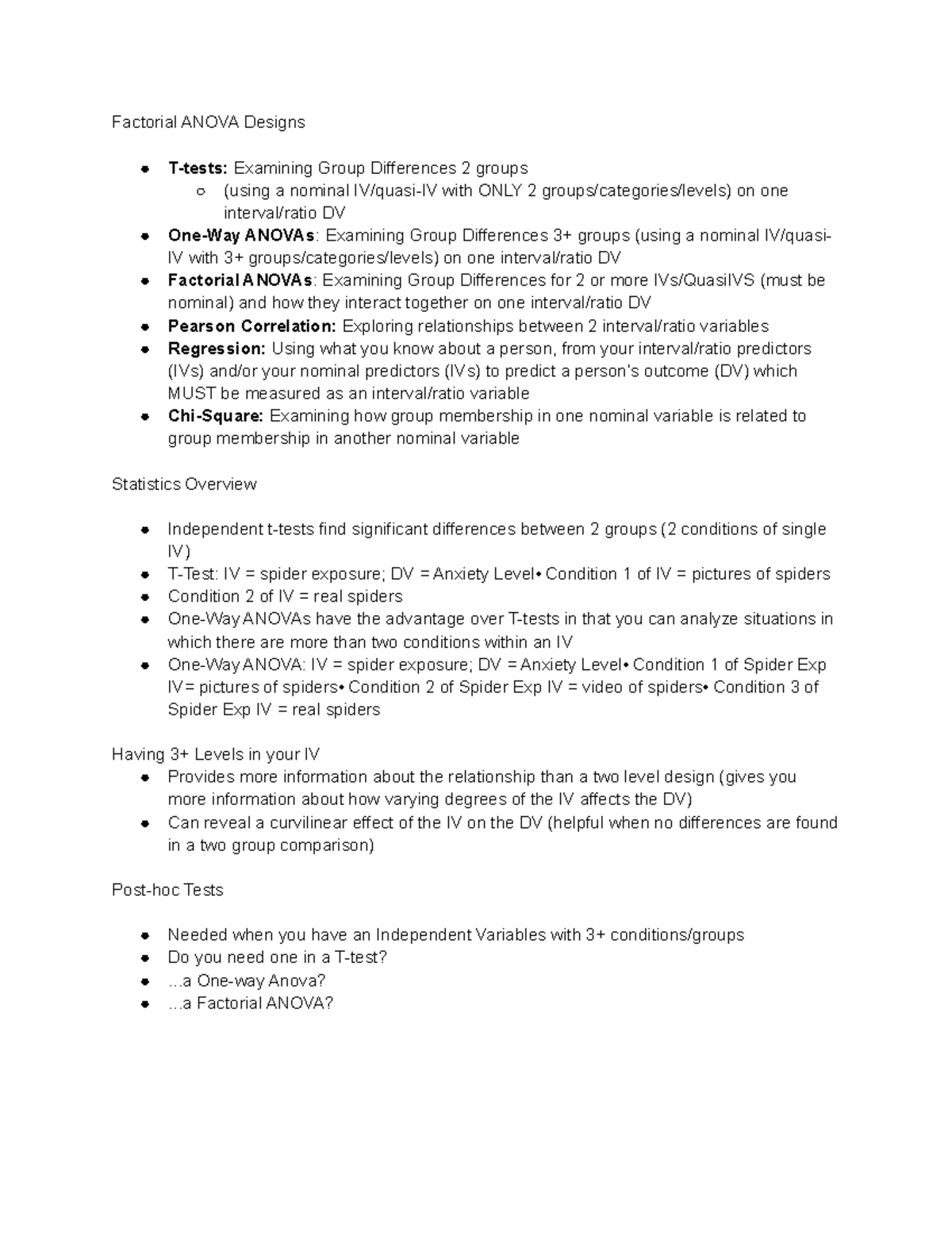Exam 3 Notes Psyc 3100 - Factorial ANOVA Designs T-tests: Examining ...