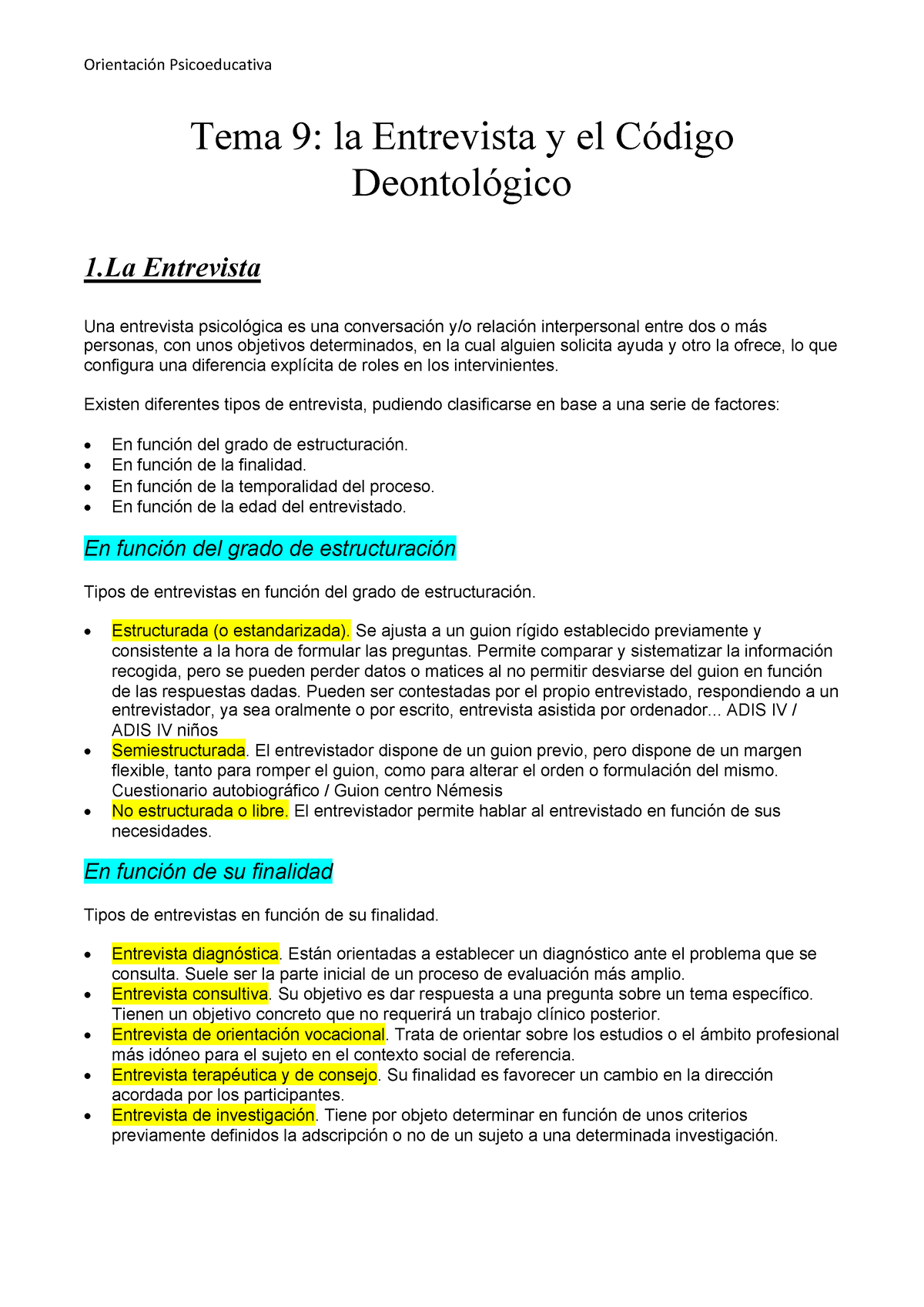 Tema 9 Orientación Psicoeducativa Tema 9 La Entrevista Y El Código Deontológico 1 0612