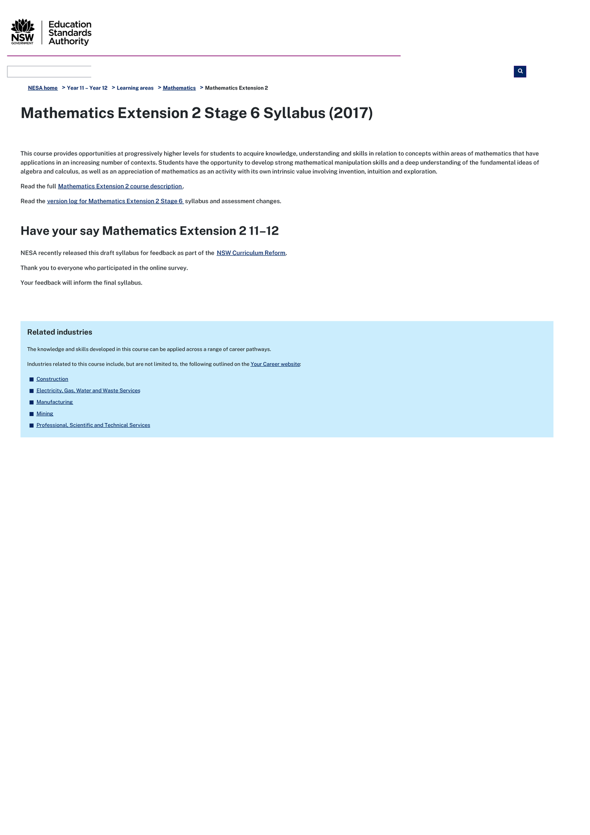 Math Extension 2 Syllabus - NESA home > Year 11 – Year 12 > Learning ...