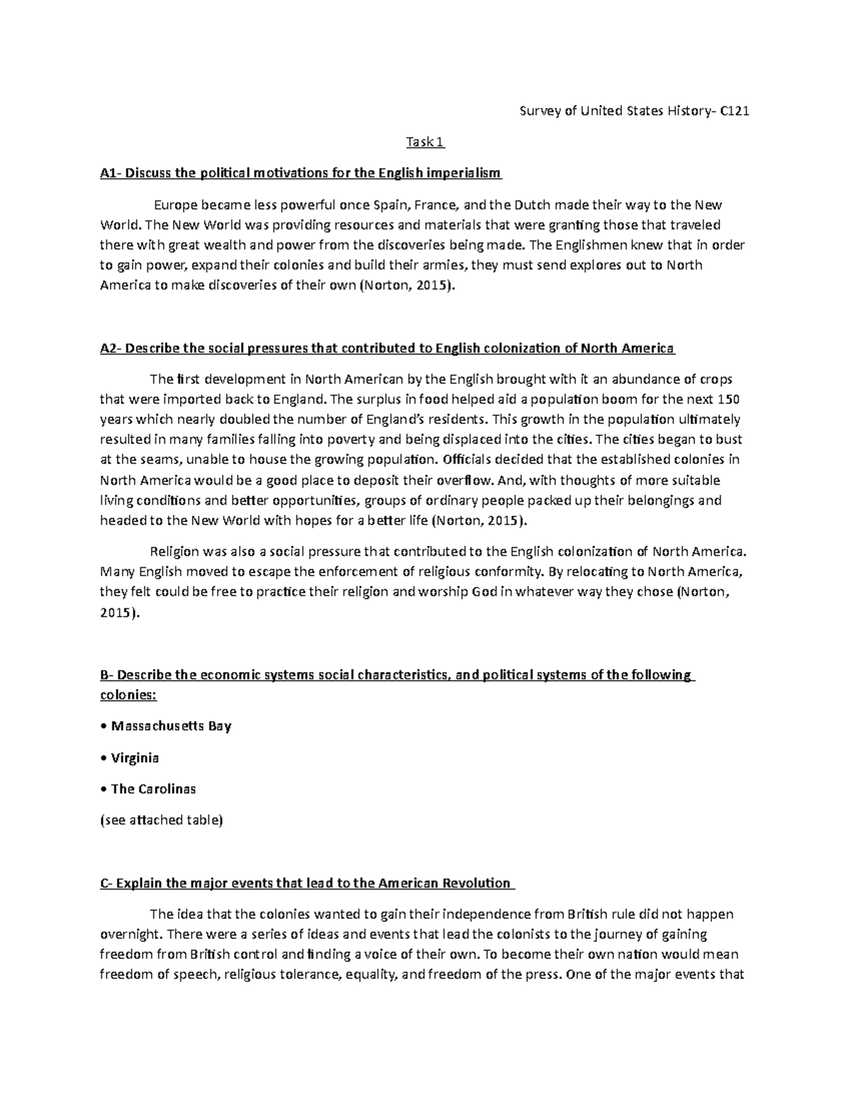 US History Task 1 - Survey Of United States History- C Task 1 A1 ...