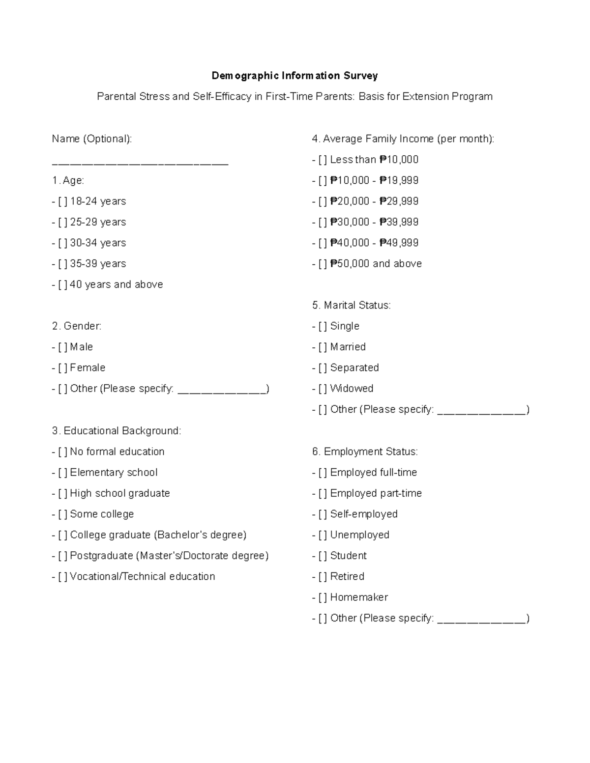 Questionnaires tests Demographic Information Survey Parental Stress