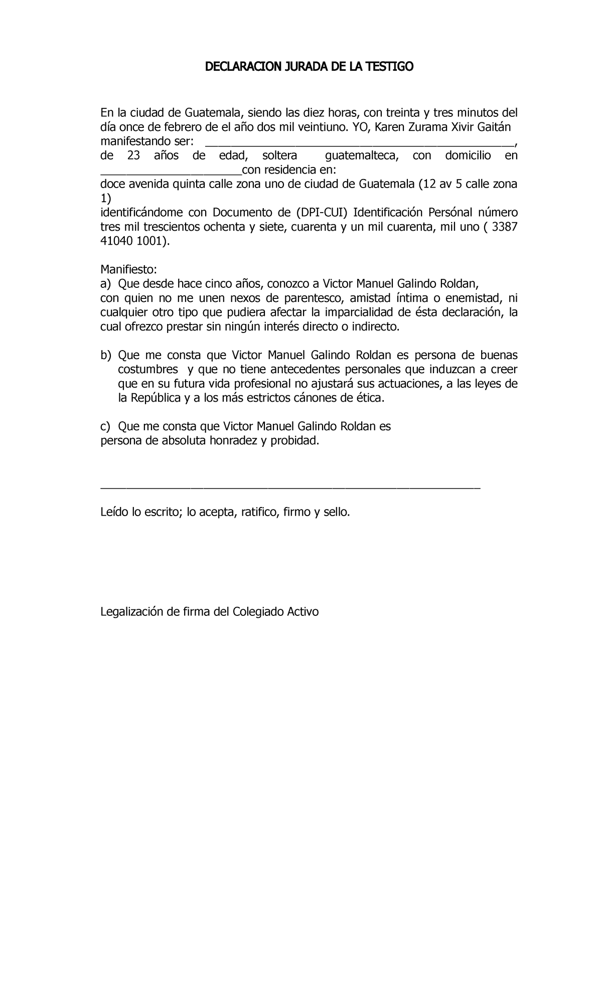 Acta De Declaracion Jurada De La Testigo Medio De Investigacion Declaracion Jurada De La 1378