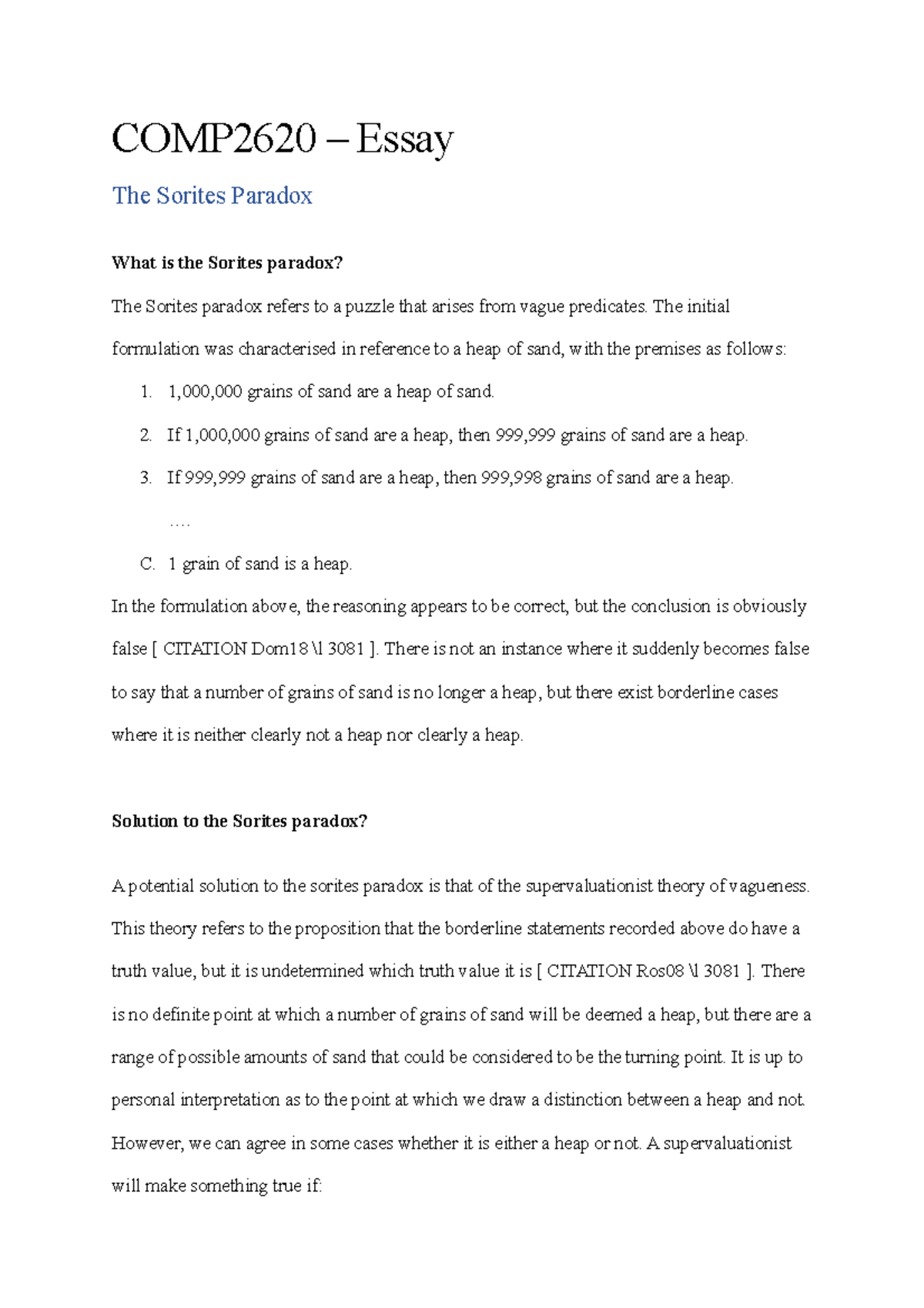 Sorites Paradox Essay - Grade: 75 - COMP2620 – Essay The Sorites ...