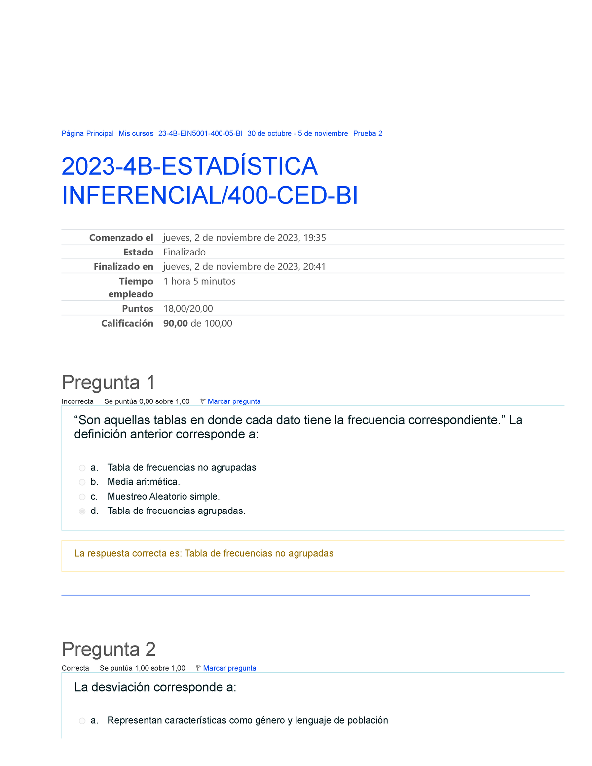 Prueba 2 Estadistica Inferencial - Página Principal Mis Cursos 23-4B ...