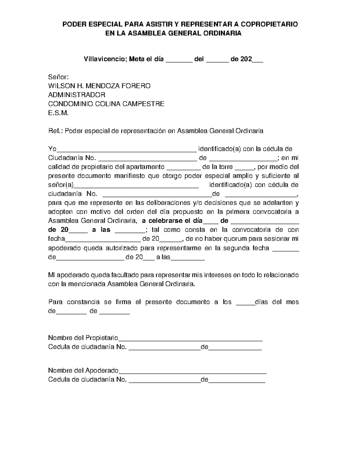 Poder Asamblea Poder Especial Para Asistir Y Representar A Copropietario En La Asamblea 0429