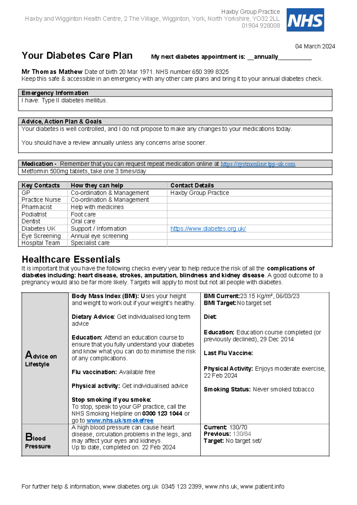 Diabetes Care Plan NHS number 650 399 8325 Keep this safe