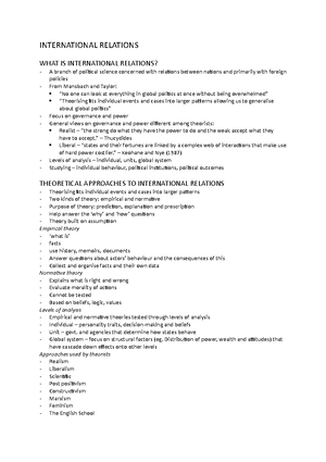 POLS1005 Notes - POLS1005 NOTES WEEK 1: INTRO TO IR Week 1: Lecture ...