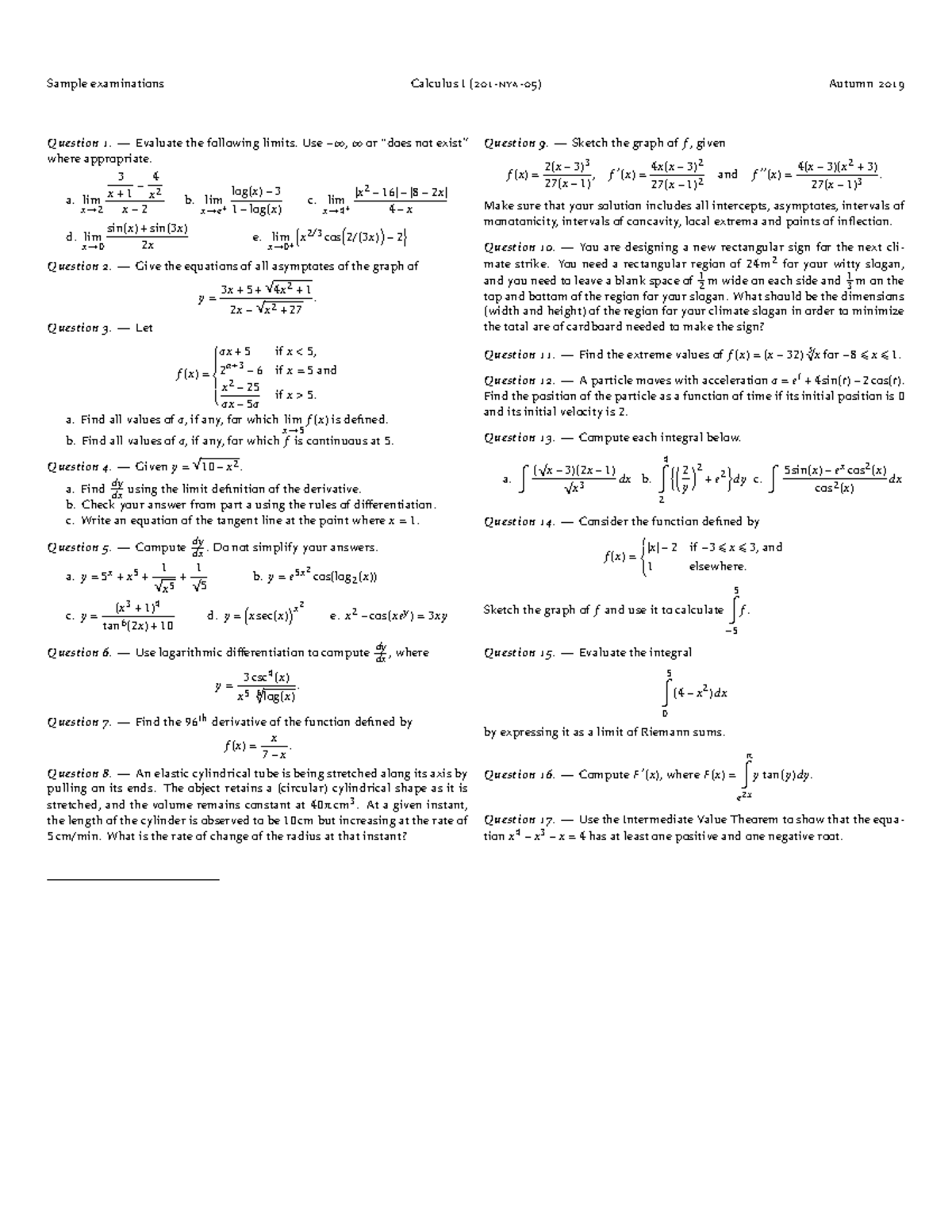 A19- Fall 2019- Final Exams - Sample examinations Calculus I ( -nya ...