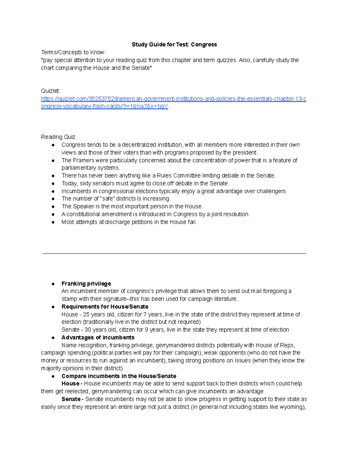 Congress Study Guide - Study Guide for Test: Congress Terms/Concepts to ...