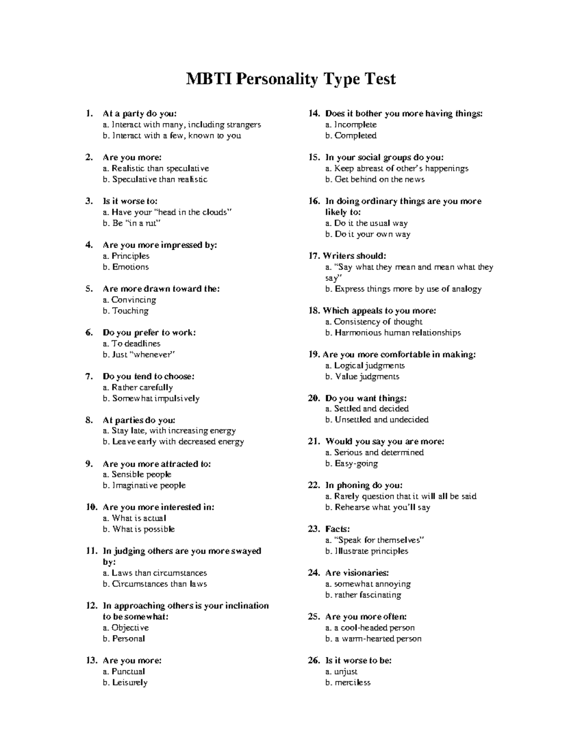 01 Seatwork 1 (for revision) - MBTI Personality Type Test At a party do ...