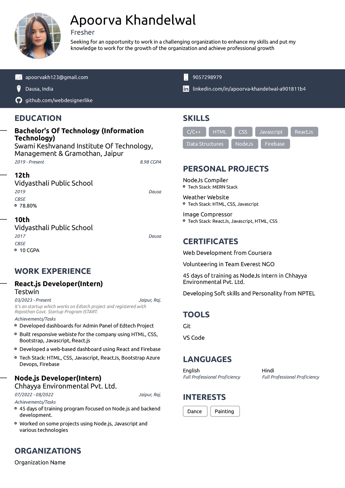 Apoorva's Resume - Apoorva Khandelwal Fresher Seeking for an ...