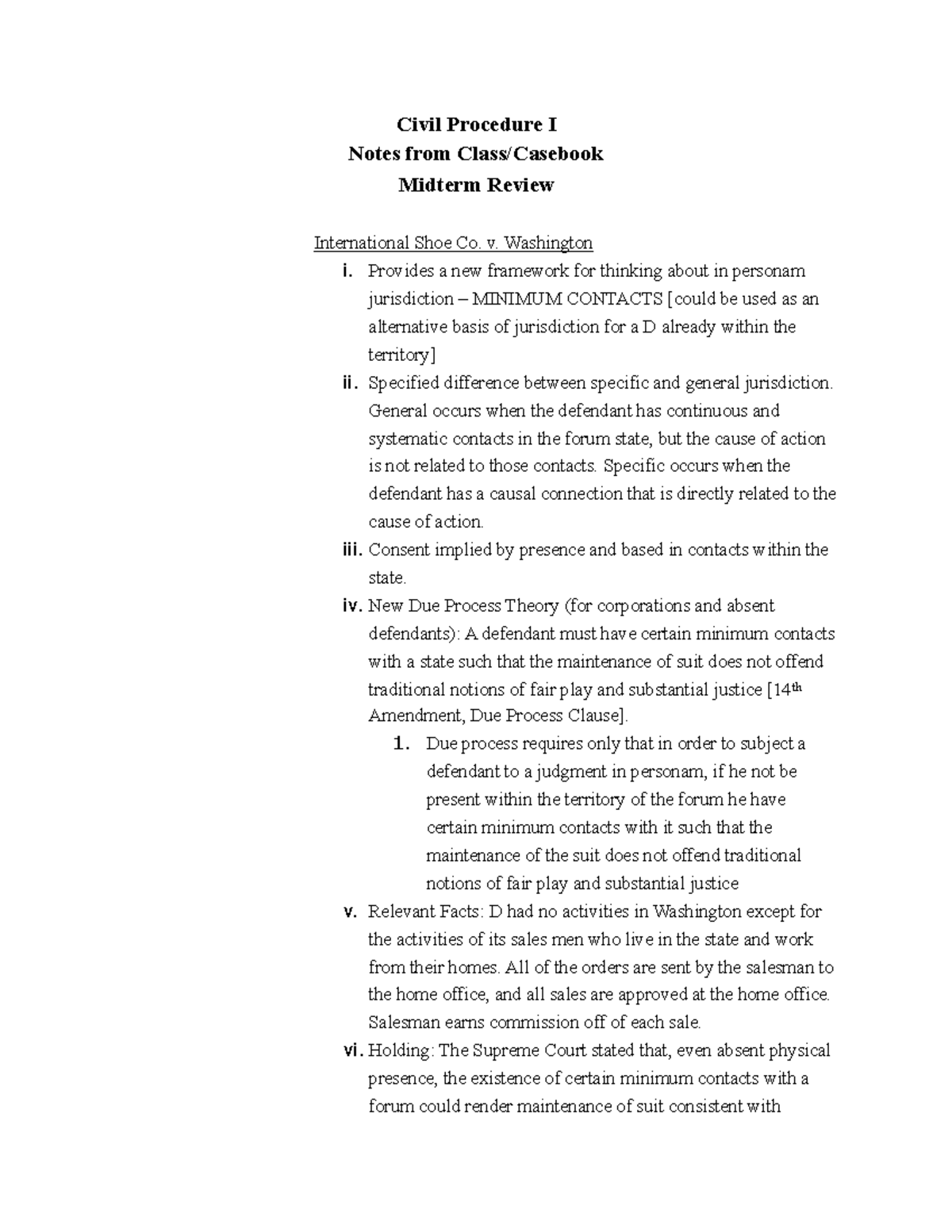 Midterm Review International Shoe Co. v. Washington Civil Procedure I
