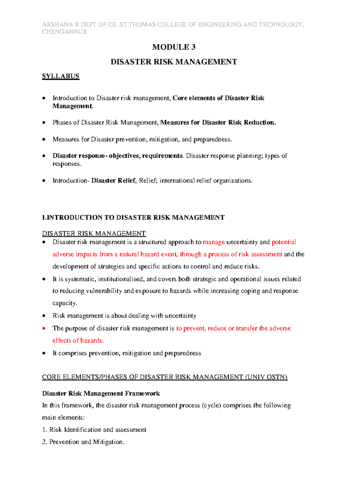 Module 3 - CHENGANNUR MODULE 3 DISASTER RISK MANAGEMENT SYLLABUS ...