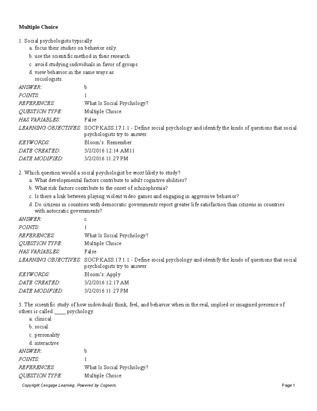 Chapter 1 Test Banks - test bank - Multiple Choice Social psychologists ...