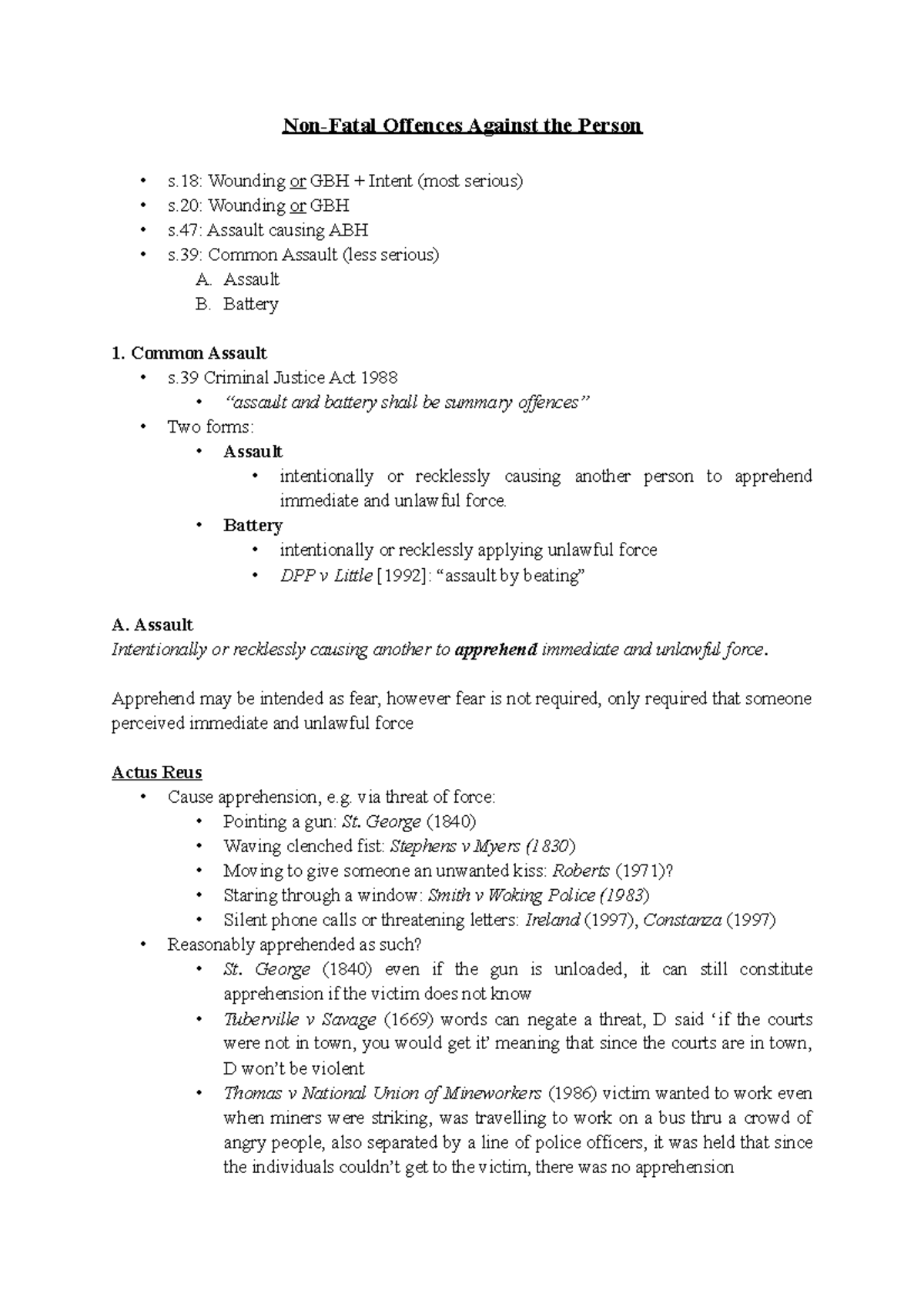 Non-fatal offences notes - Non-Fatal Offences Against the Person s ...