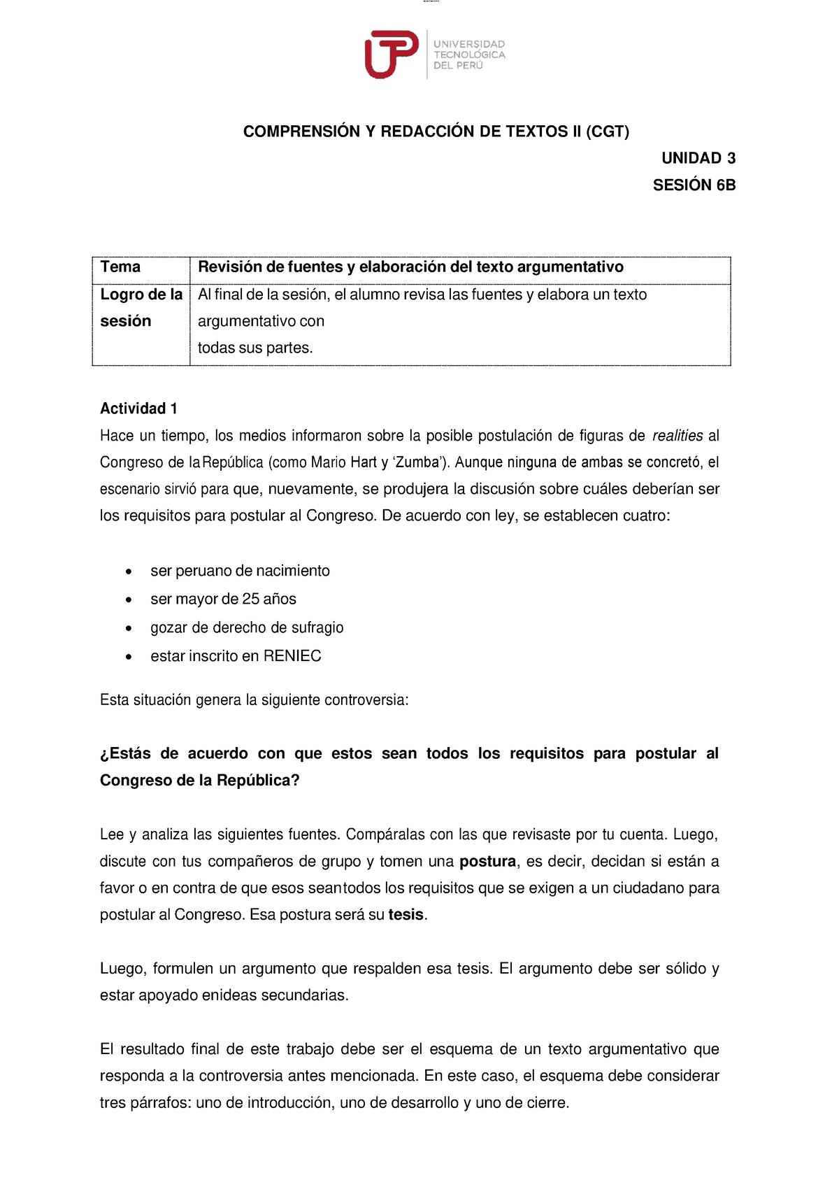 U3 S6 Texto Argumentativo Requisitos Congreso B - COMPRENSIÓN Y ...