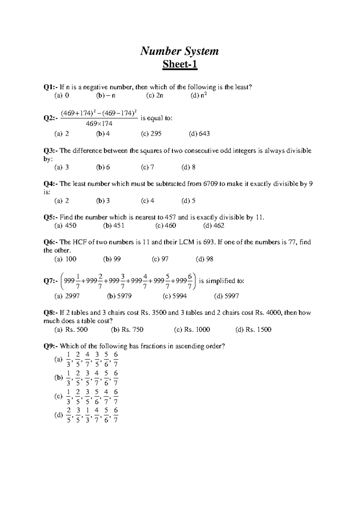 Number System, Sheet-1 - Number System Sheet- 1 Q1:- If n is a negative ...
