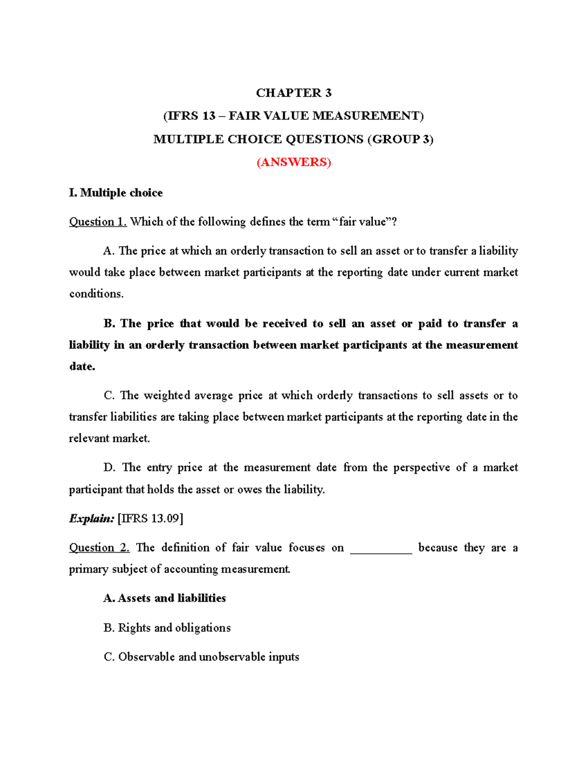 Key - qưertyui - CHAPTER 3 (IFRS 13 – FAIR VALUE MEASUREMENT) MULTIPLE ...