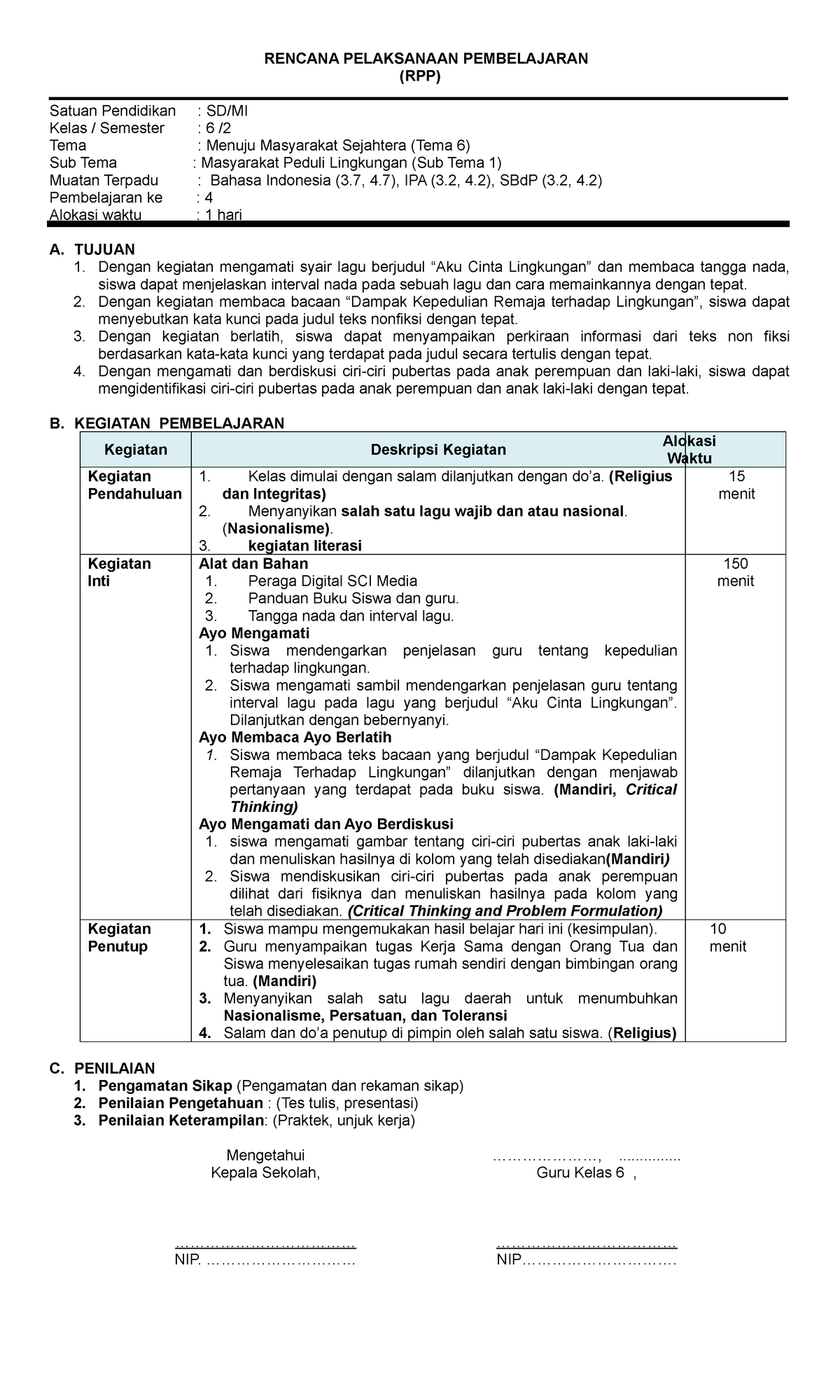 6.6.1.4 - 2 RPP TEMA 6-1 - RPP - RENCANA PELAKSANAAN PEMBELAJARAN (RPP ...