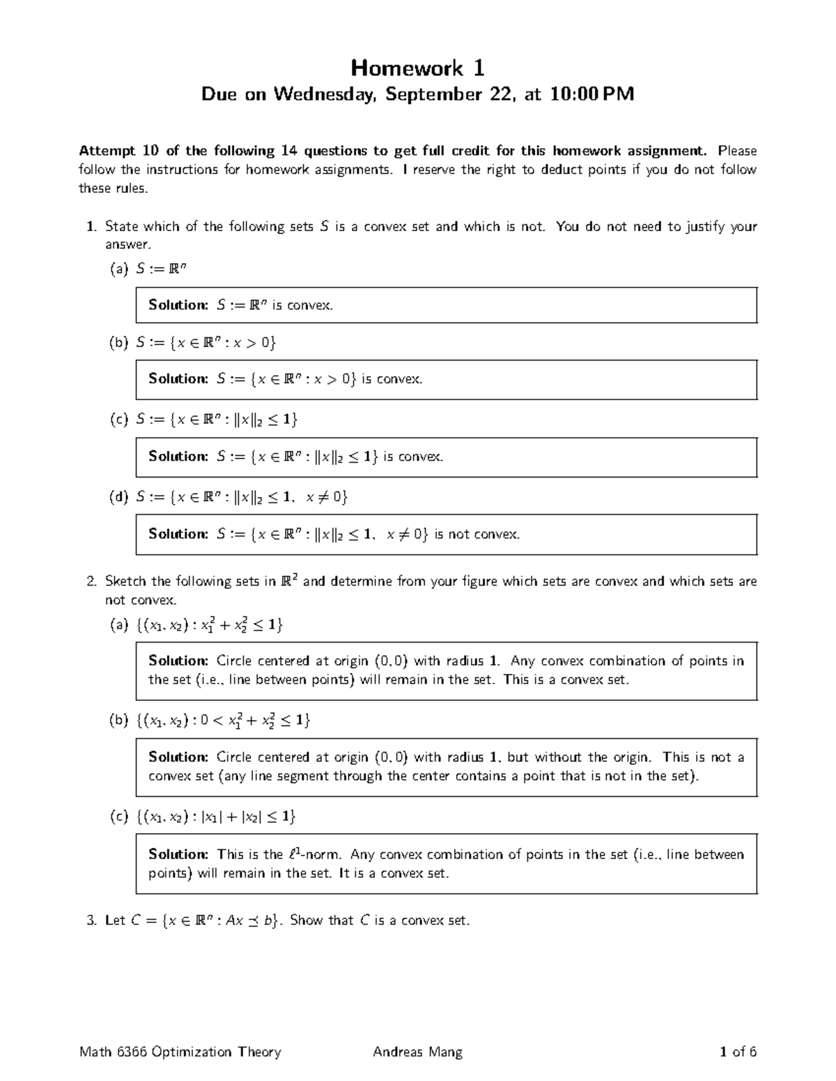 Hw01 key - Convex set theorem - Homework 1 Due on Wednesday, September ...