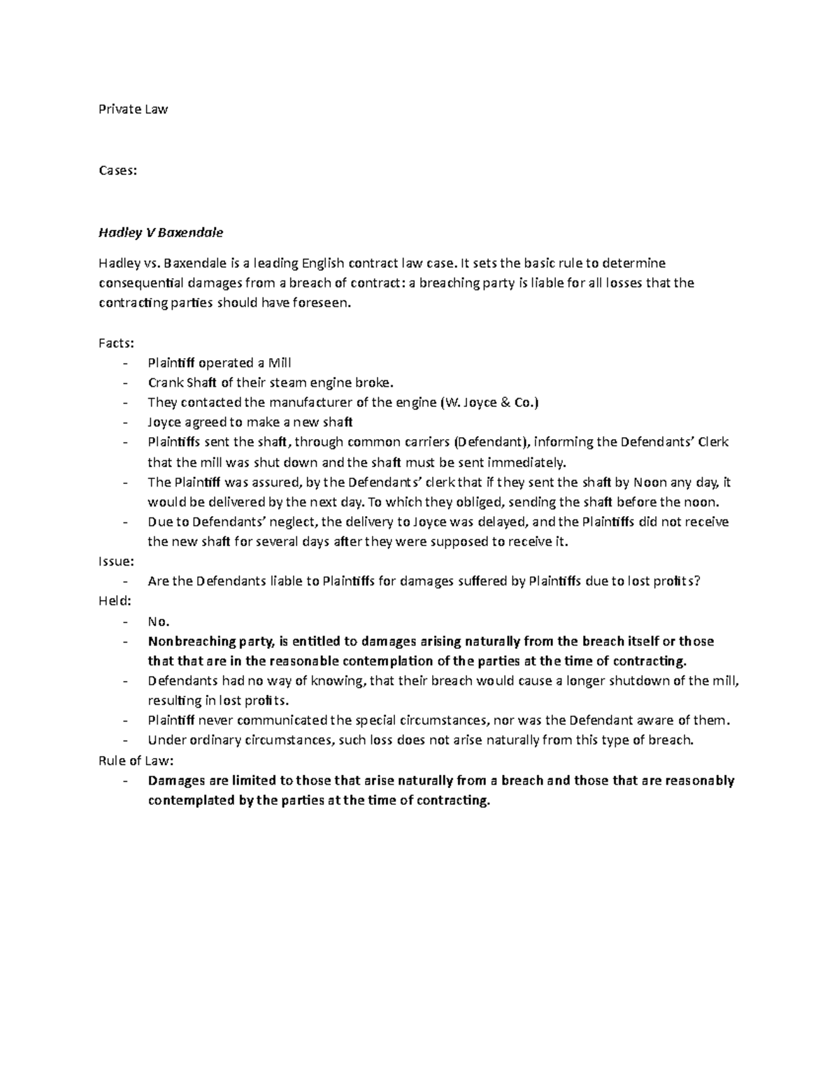 Cases Private Law Cases Hadley V Baxendale Hadley Vs Baxendale Is A 