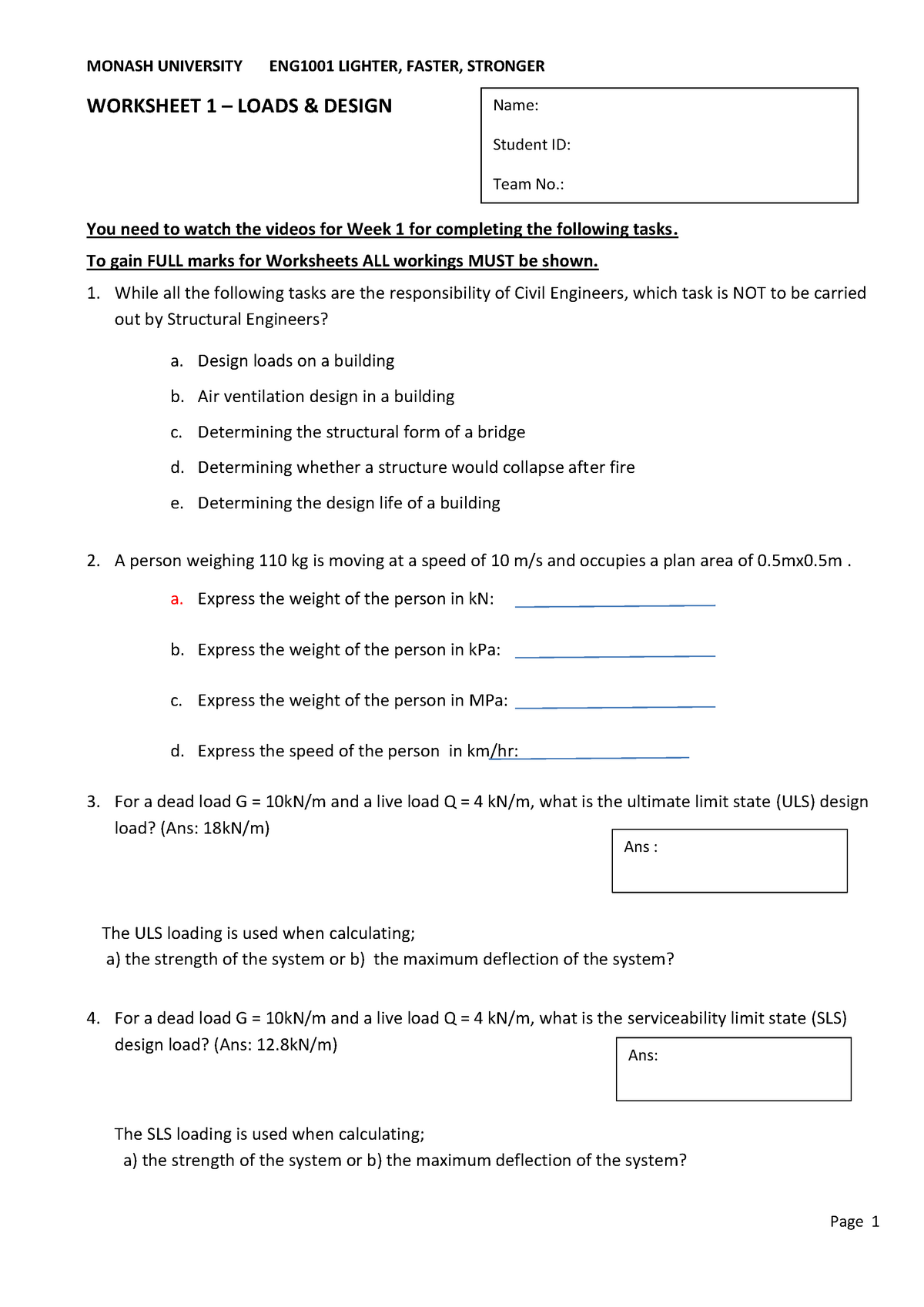 Worksheet 1 - Loads - Warning: Tt: Undefined Function: 32 Warning: Tt 