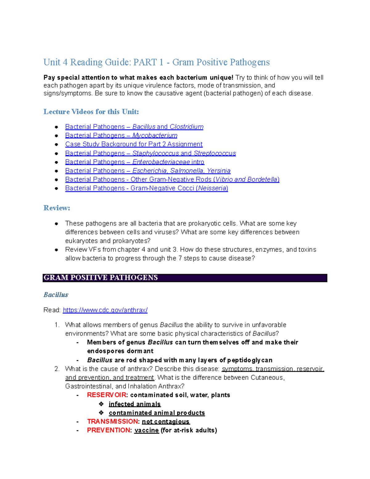 Unit 4 Reading Guide PART 1 - Gram Positive Pathogens - Lecture Videos ...