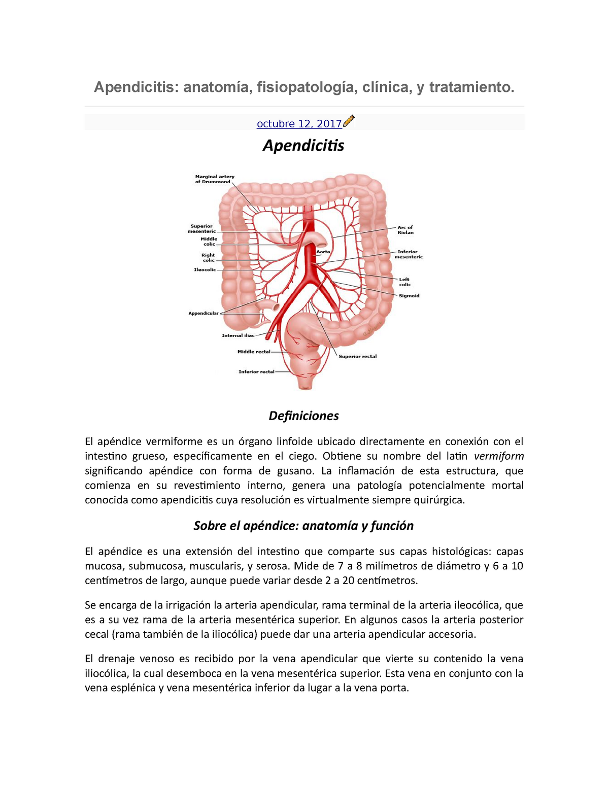 Apendicitis MEDICINA Apendicitis anatomía fisiopatología clínica y tratamiento octubre