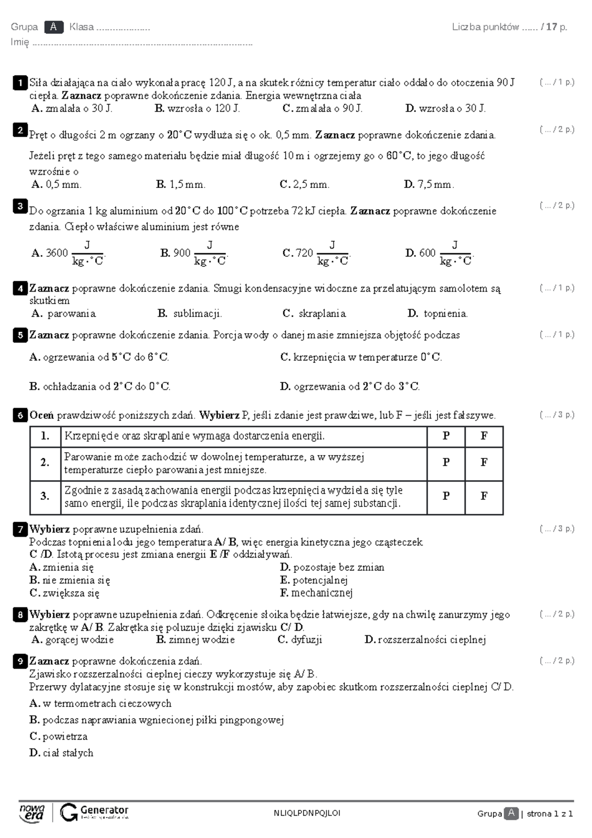 Test 1. Termodynamika Test (z widoczną punktacją) - NLIQLPDNPQJLOI