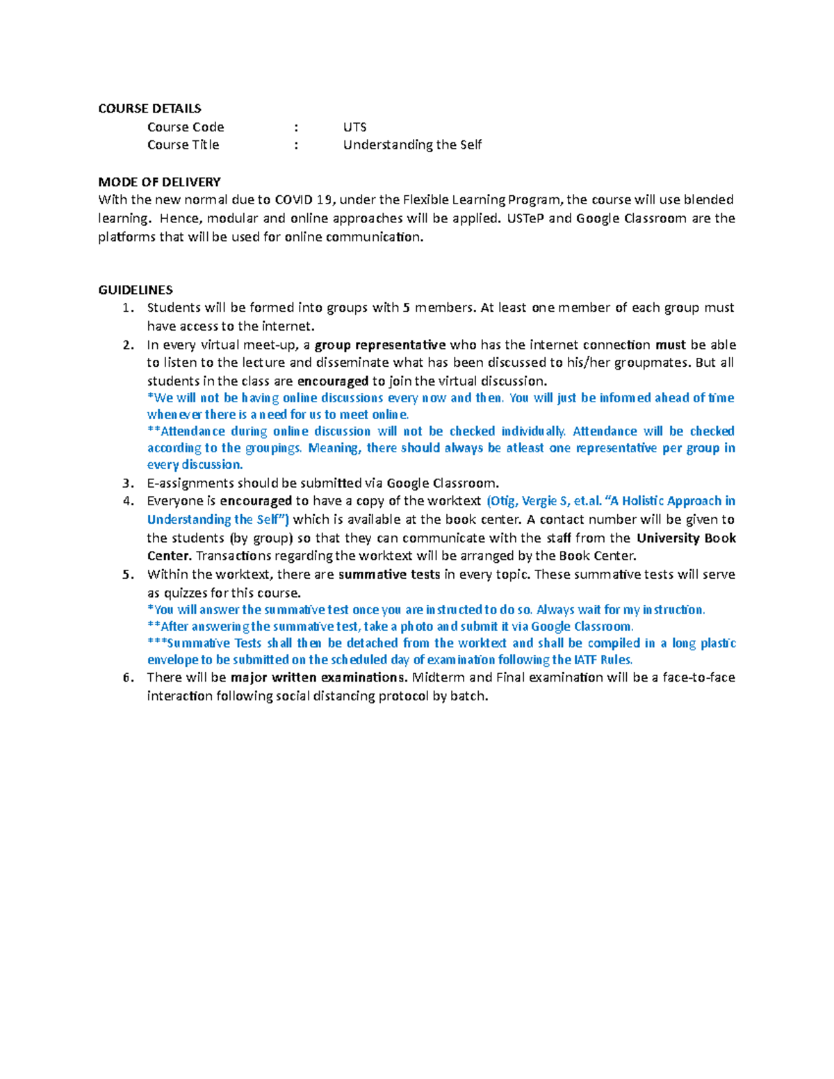 UTS Guidelines - COURSE DETAILS Course Code : UTS Course Title ...