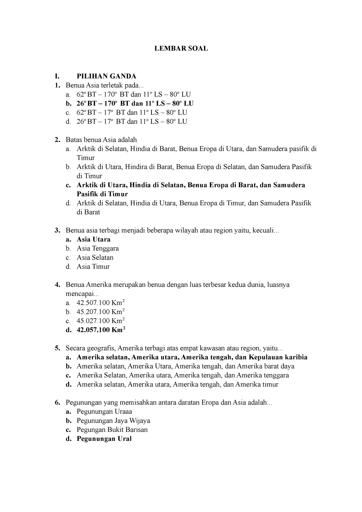 Kelas 9 Fix - Soal - LEMBAR SOAL I. PILIHAN GANDA Benua Asia Terletak ...