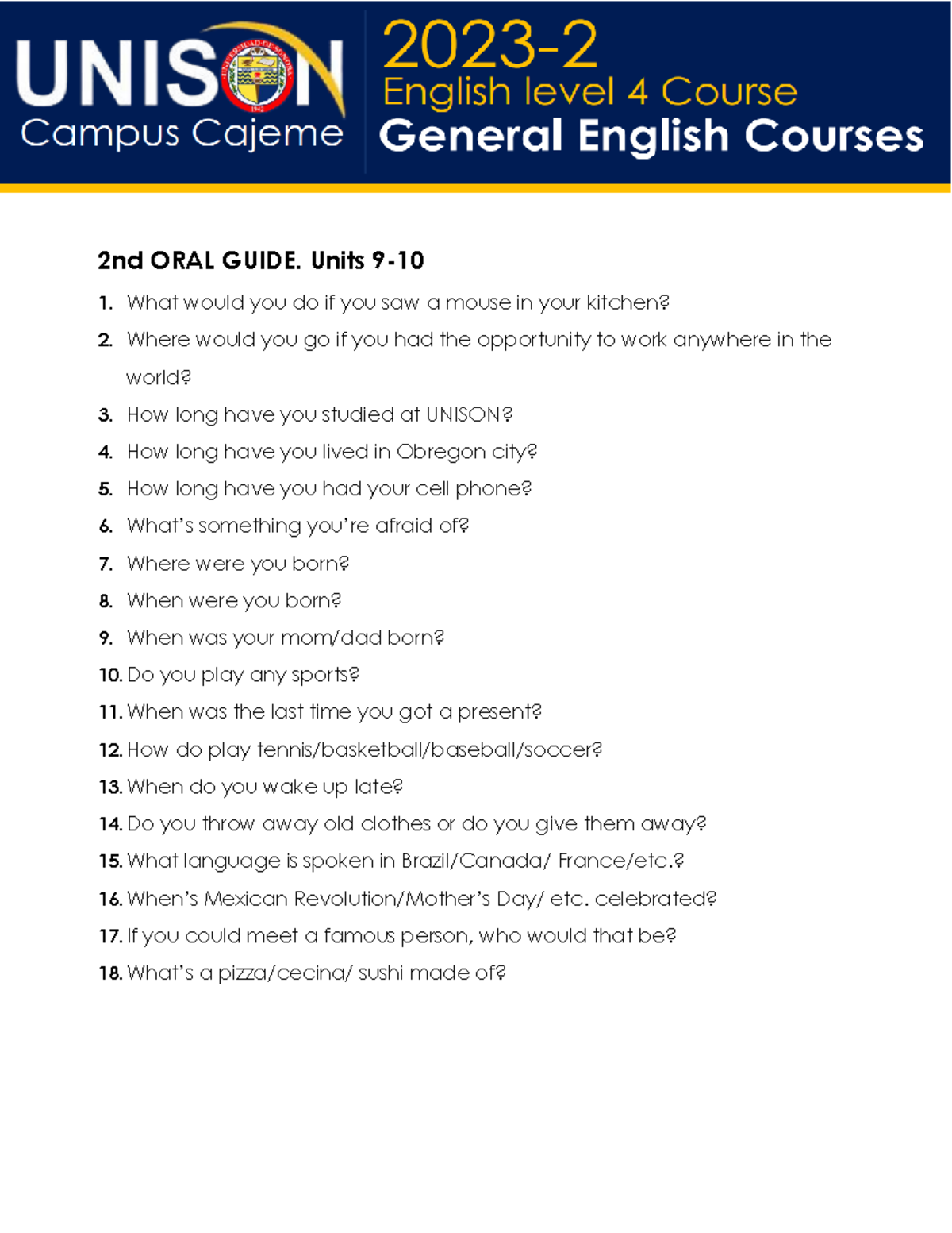 L4. 2ND ORAL Guide QUIZ. Units 9-10 - Morning - LEVEL 2 ORAL GUIDE QUIZ ...