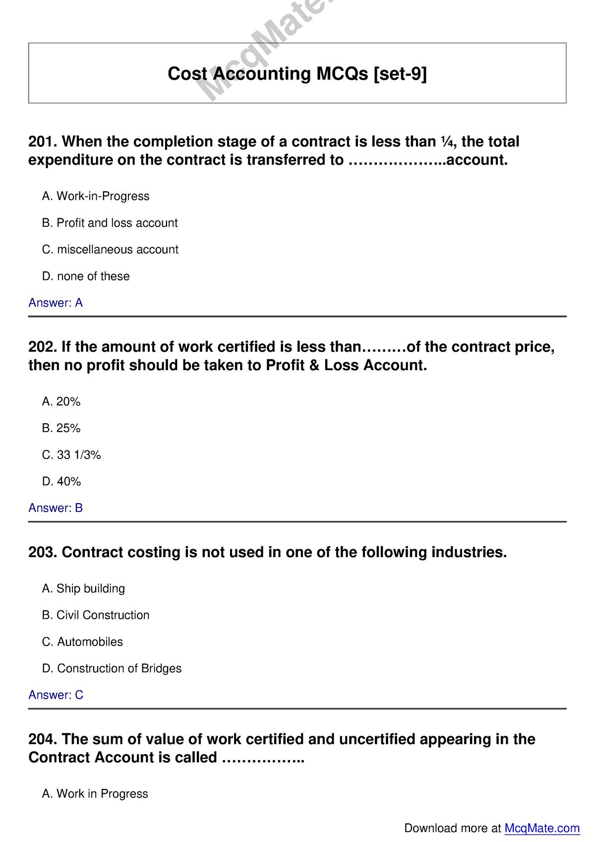 Cost-accounting Solved MCQs - Cost Accounting MCQs [set-9] 201. When ...