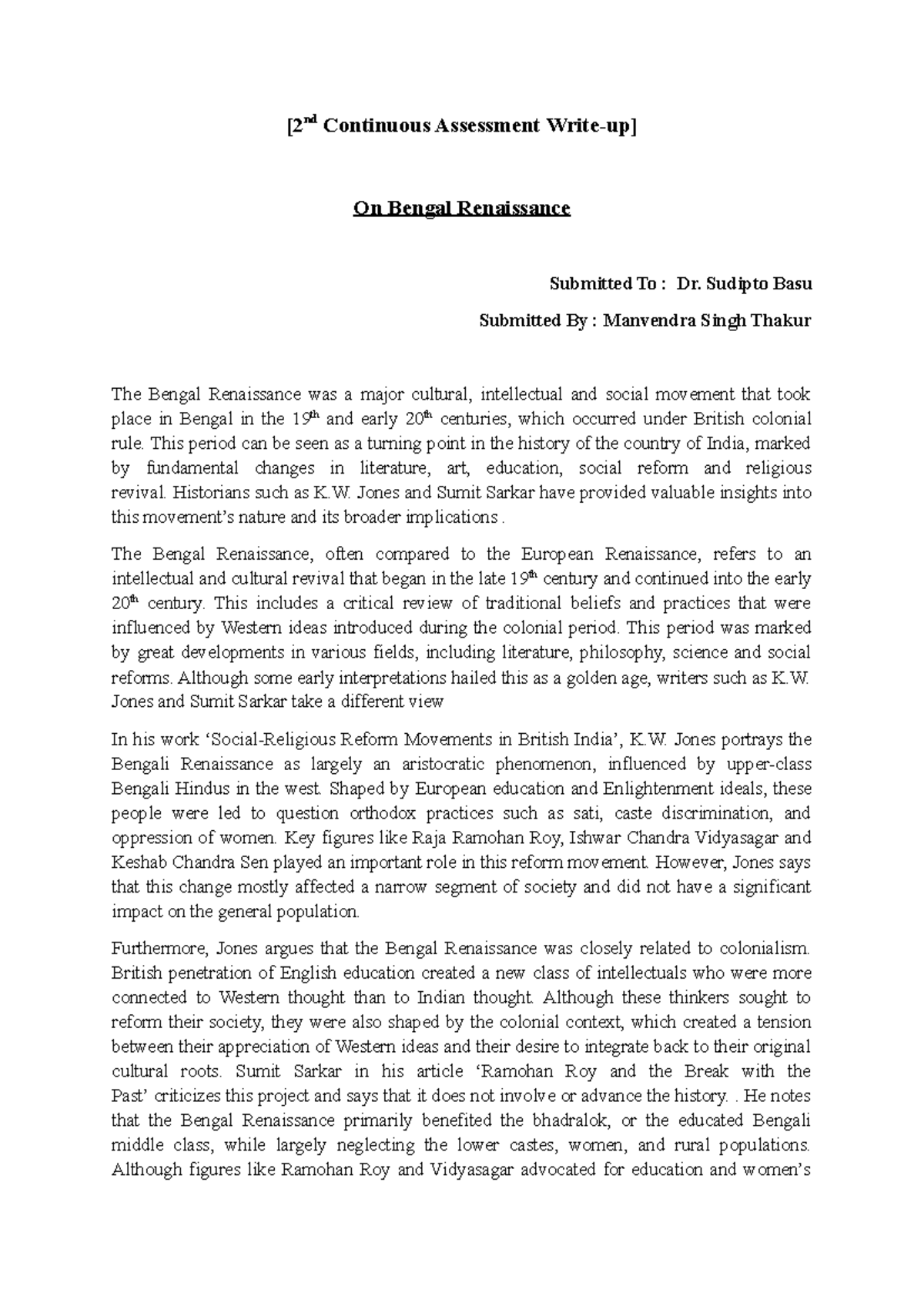 Bengal renaissance - [2nd Continuous Assessment Write-up] On Bengal ...