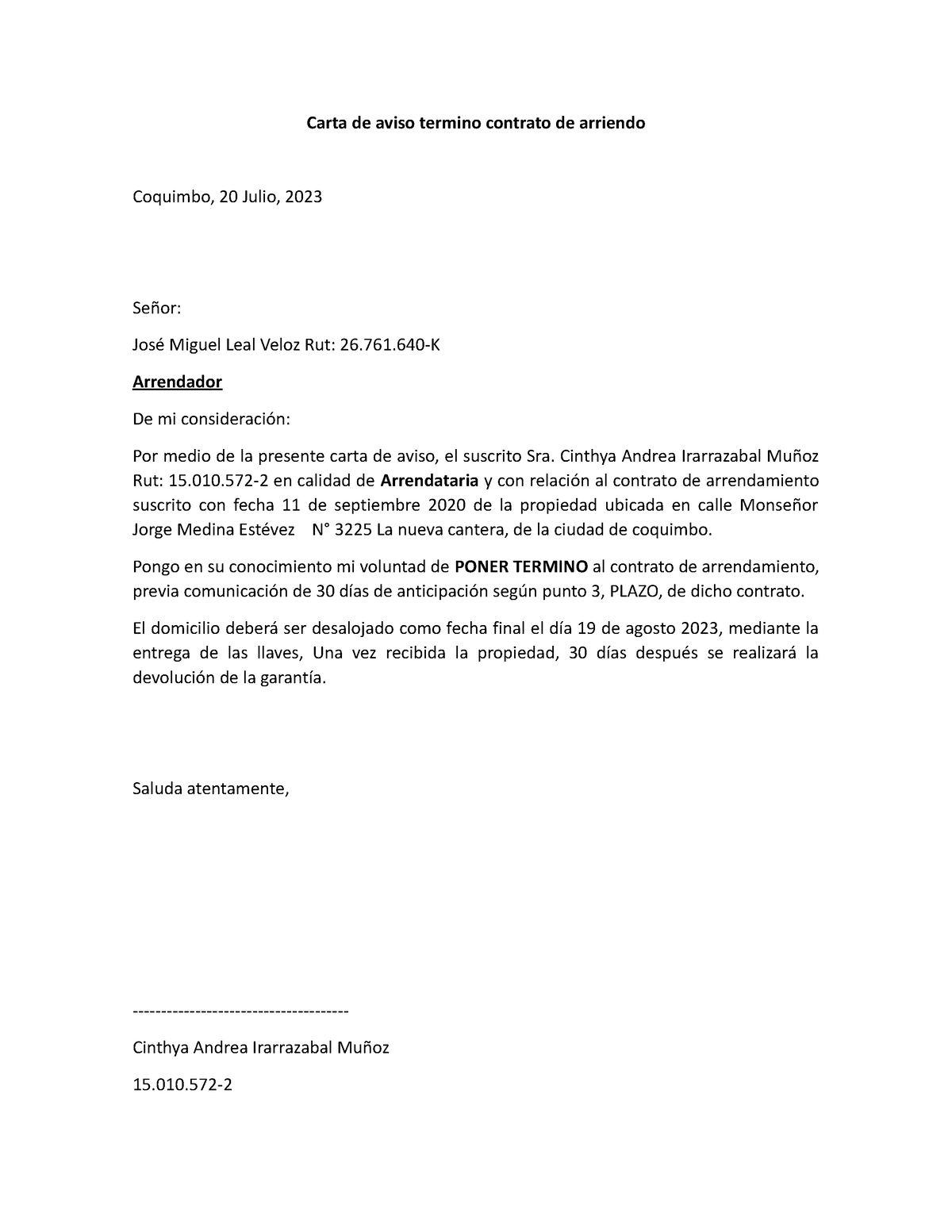 Carta Fin De Arrendamiento Carta De Aviso Termino Contrato De Arriendo Coquimbo 20 Julio 5482