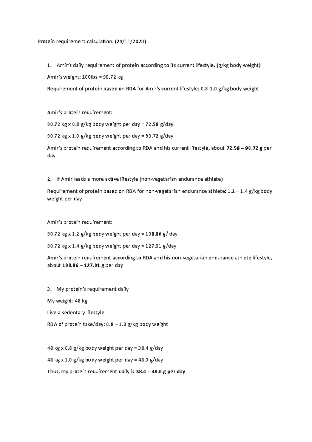 Protein requirement calculation exercise and practice Protein requirement calculation. Studocu