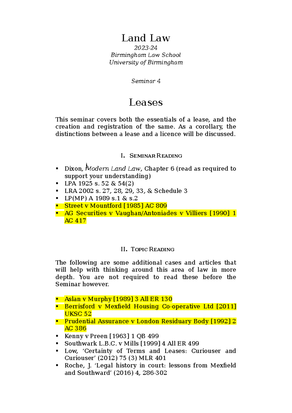 Seminar 4 2023 Land Law 2023 Birmingham Law School University of