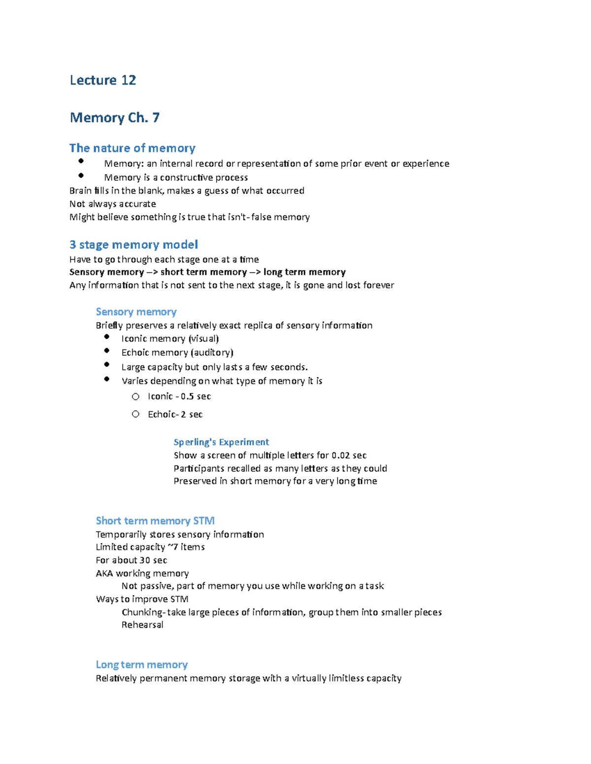Lecture 12 - Lecture 12 Memory Ch. 7 The nature of memory - Studocu