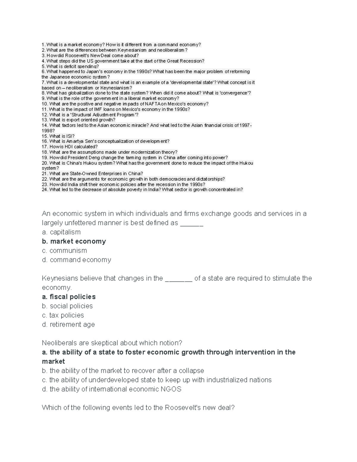 Test 4 Spring 2019, questions and answers - What is a market economy ...