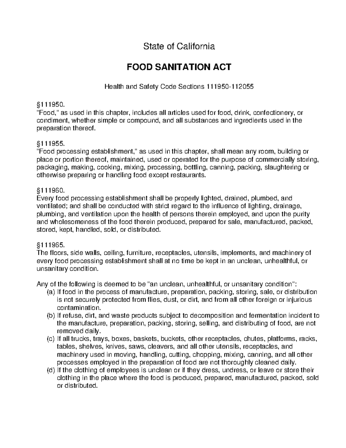 Food Sanitation Act State of California FOOD SANITATION ACT Health and Safety Code Sections